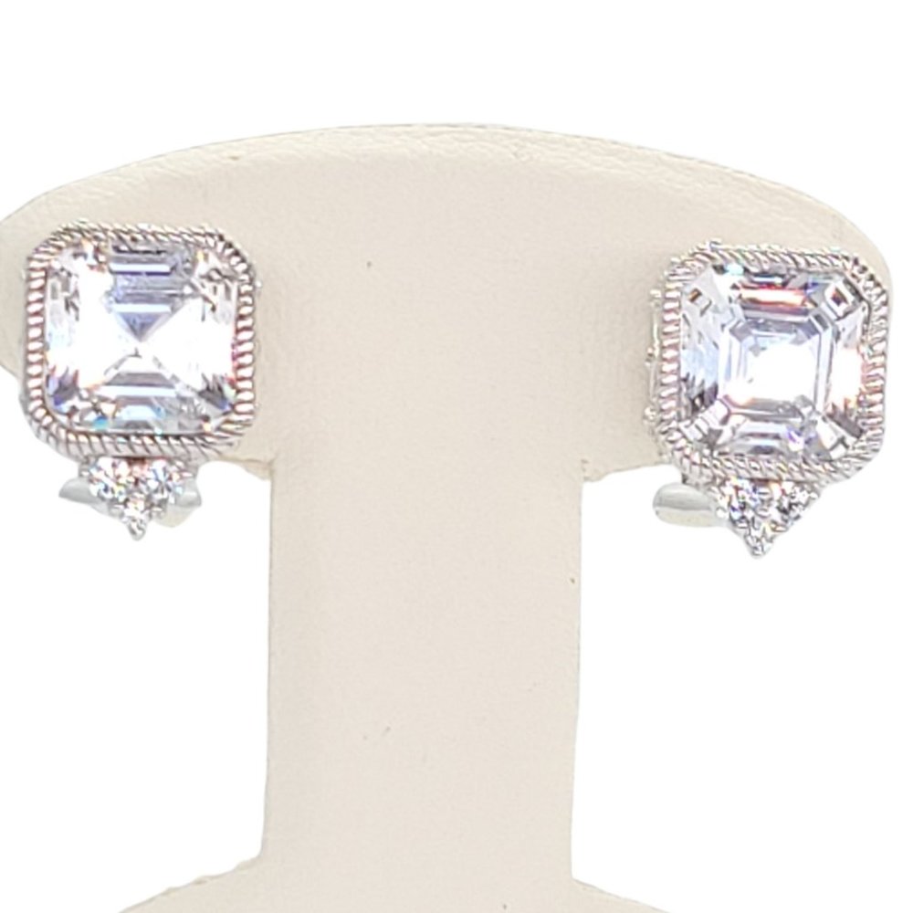 Judith Ripka Asscher Cut Diamonique Stud Earrings Omega Backs Sterling Silver